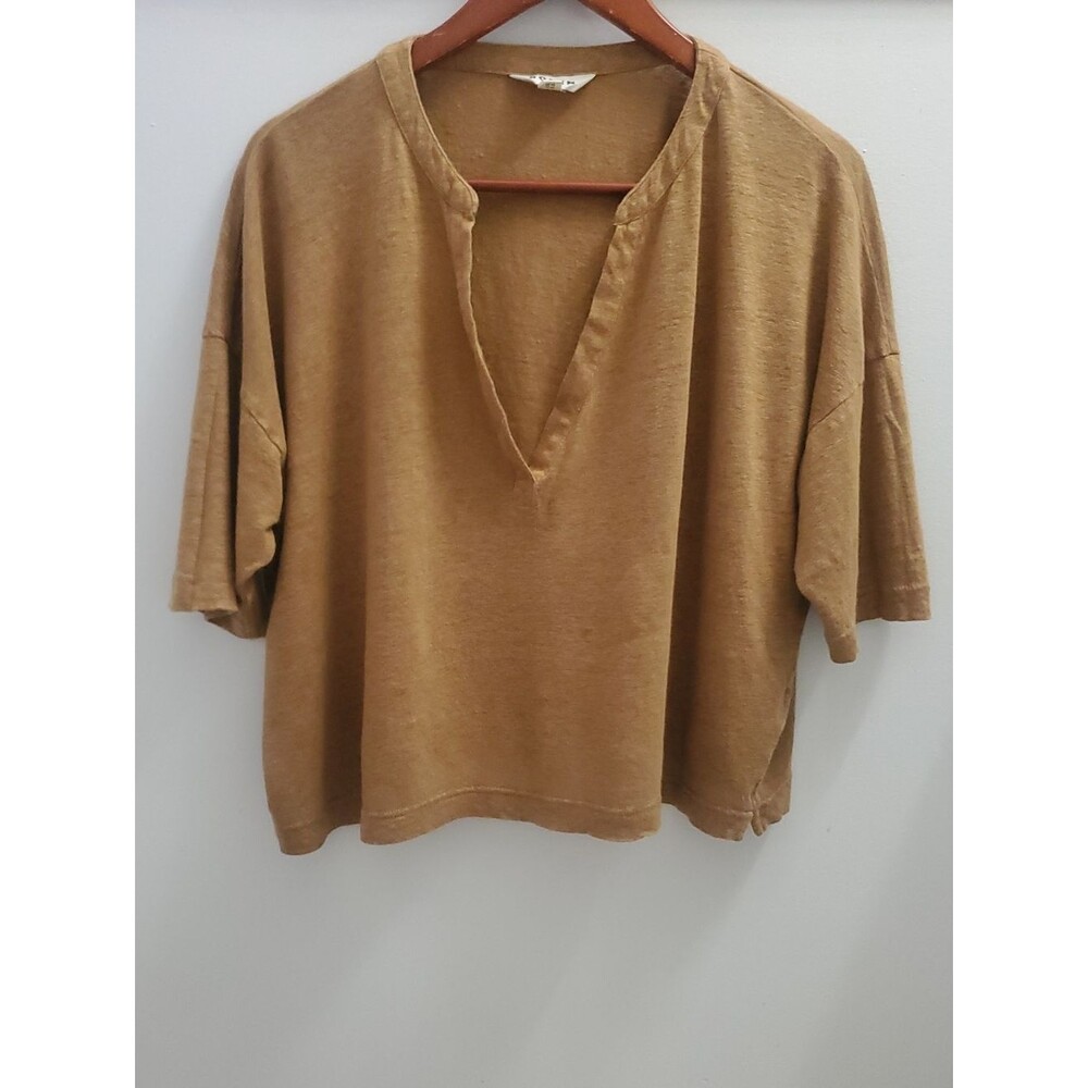 Boden Notched Neck Cropped Henley Boxy Top Size 12 Muted Brown Linen